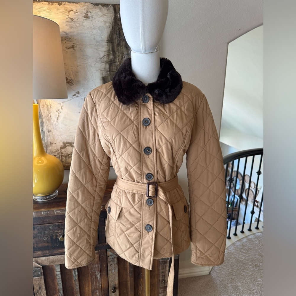 Tommy Hilfiger Tan Quilted Jacket with Brown Faux Fur Collar - size L - Picture 2 of 11